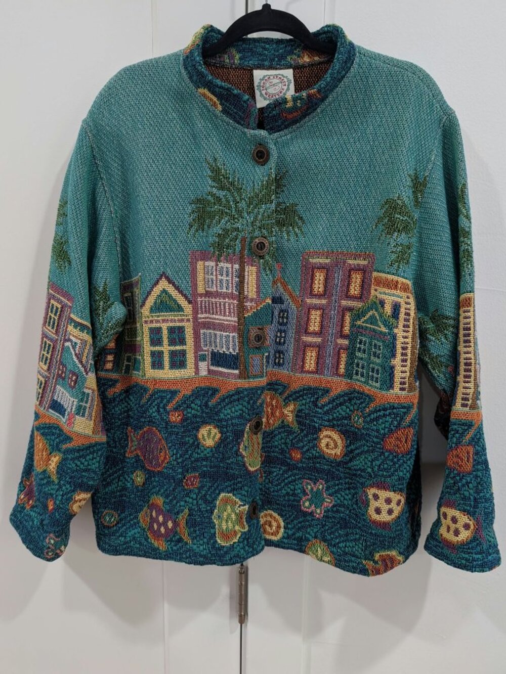 Sugar Street Weavers Tapestry Jacket Coastal Art Fish Cardigan L